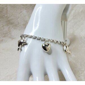 vintage ar italian made sterling silver heart, dolphin charm bracelet